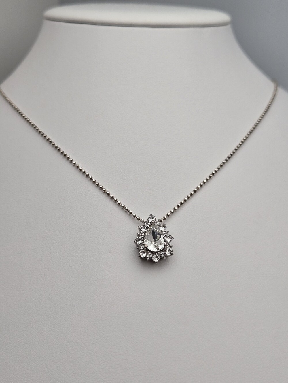 Halo Teardrop Pendant Italy Ball Chain Necklace IBB CZ Pendant 16"